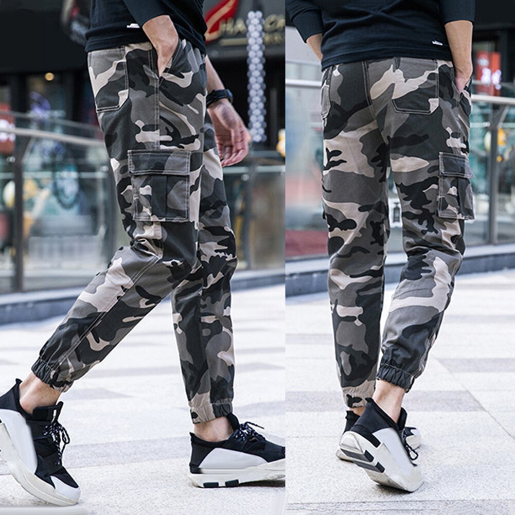 Camo Mannen Werkkleding Broek Dunne Multi-Pocket Enkel Stropdas Elastische Taille Straight Cargo Broek Met Meerdere Zakken