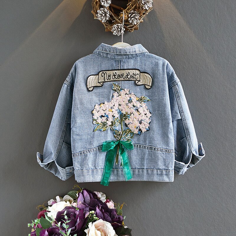 Baby mädchen Denim jacke neue blumen Denim kleidung Denim jacke herbst zurück gestickte Denim kleidung verlieren jacke mädchen Mantel: 5T