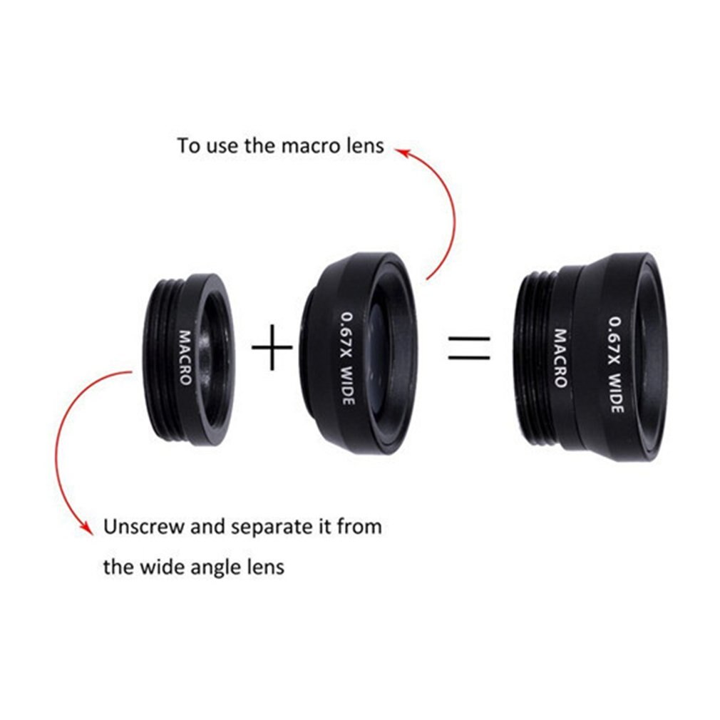 3-in-1 Wide Angle Macro Fisheye Lens Camera Kits Mobile Phone Fish Eye Lenses with Clip 0.65x for iPhone Samsung All Cell Phones