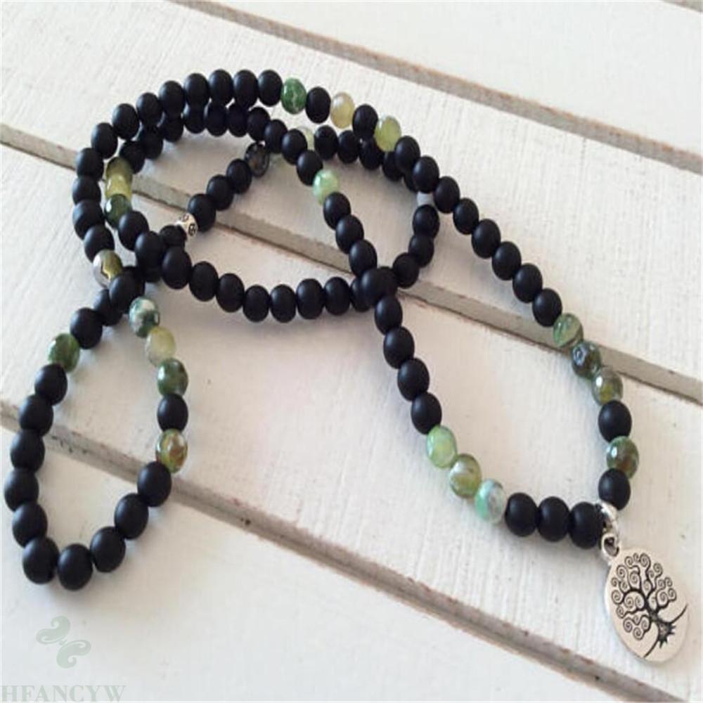 6mm Black Stone Indian Life Tree Pendant Necklace Wrist Meditation Cuff Yoga Bracelet Handmade Chic Bless