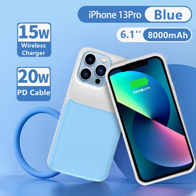 Power Bank Cover For iPhone 13 Pro Max 13 Pro 13 min Wireless Charging Battery Charger Cases 8000mAh Backup Powerbank Cases: 13 Pro  Blue