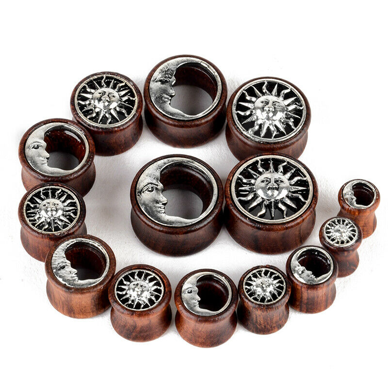 Tapones para los oídos de madera para hombre y mujer, aretes con medidores de luna y sol, expansor de túnel para carne, joyería para Piercing corporal, 2 uds.