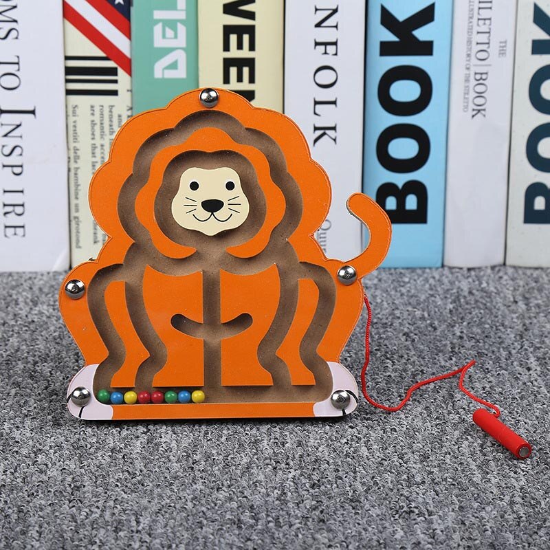 Kids Magnetic Maze Toy Wooden Puzzle Game Children Early Educational Brain Teaser Animal Cartoon Toy Intellectual Jigsaw Board: lion TF219