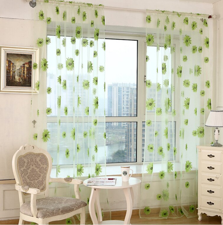 1PC Tulle Sunflower Pattern Curtain Family Decoration Tulle Kitchen Balcony Room Flowers Window Blind blinds Party Decoration: 1X2m green