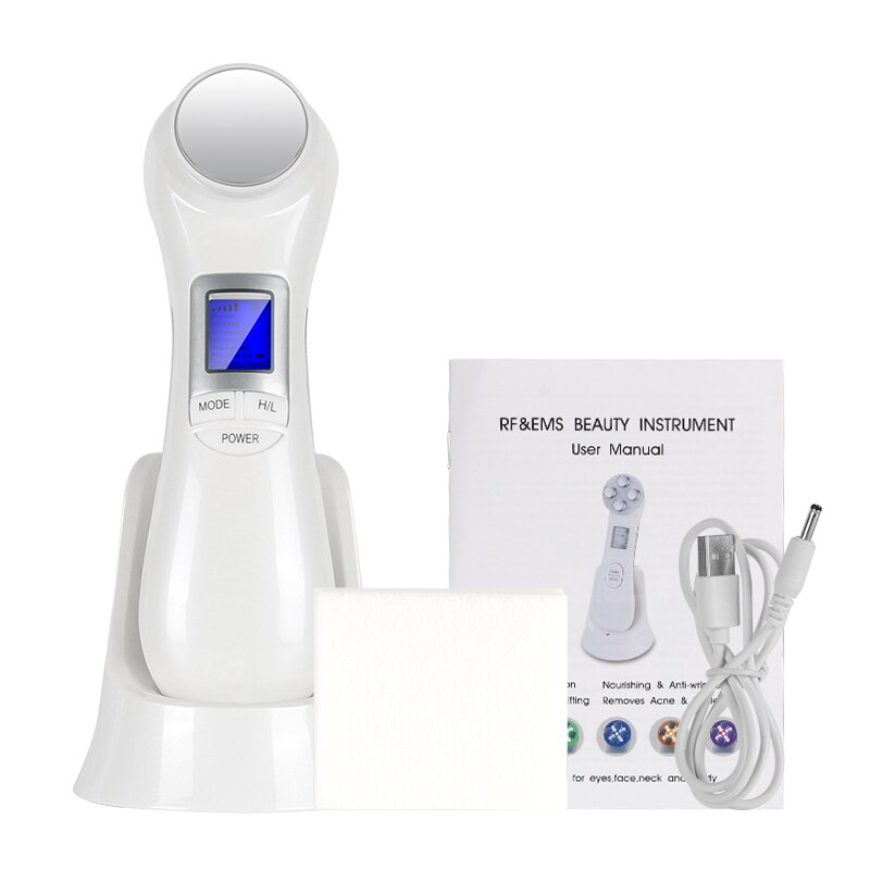 5 in 1 Ultrasonic Face RF LED Photon Rejuvenation Machine Facial Skin Lifting Device EMS Mesotherapy Ion Therapy Massager: White NO BOX