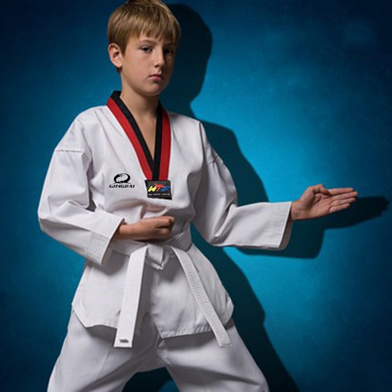 Uniforme de Taekwondo para niños y adultos, traje blanco tradicional de Taekwondo para estudiantes, traje negro con cuello en V,