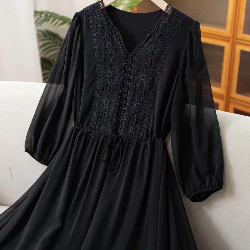 Vestido de gasa con cuello en V para mujer, traje con bordado, manga 3/4, Color sólido, informal, a la , primavera y otoño