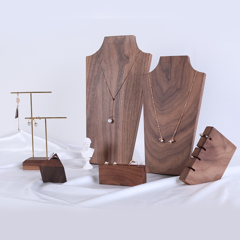 Ketting Buste Massief Houten Zwarte Walnoot Hanger Ketting Display Houder Oorbellen Ring Display Stand Massief Houten Ketting Showcase