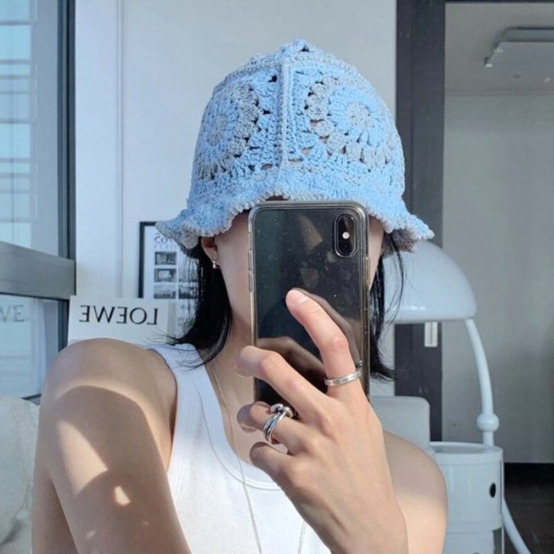 Summer Hollow Crochet Flower Fisherman Hat Shade Breathable Knitted Bucket Hat Ladies Panama Knitted Fisherman Hat