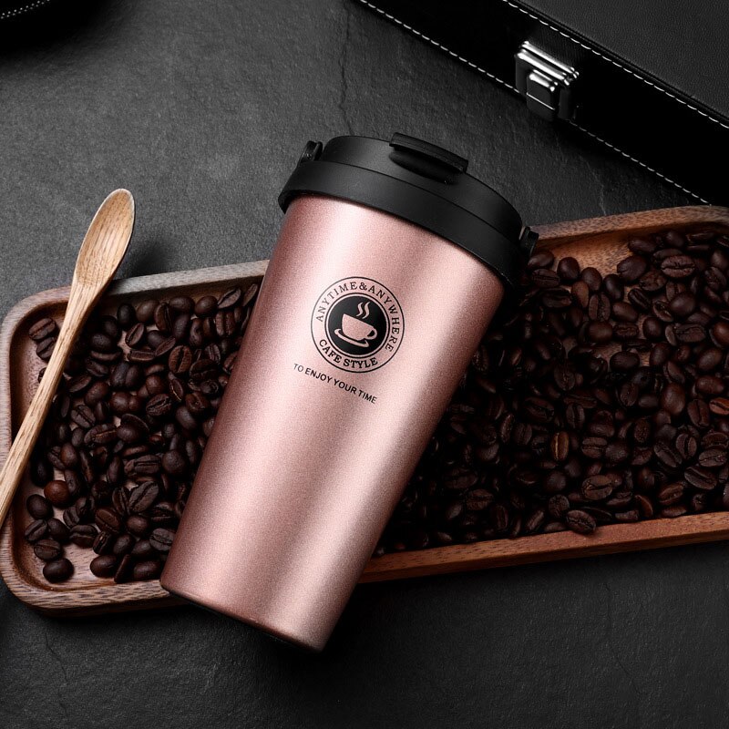 500ML Coffee Mug 304 Stainless Steel Travel Mug Double Wall Vacuum Insulated Tumbler Wide Mouth Tea Cup with Lid: Rose gold B