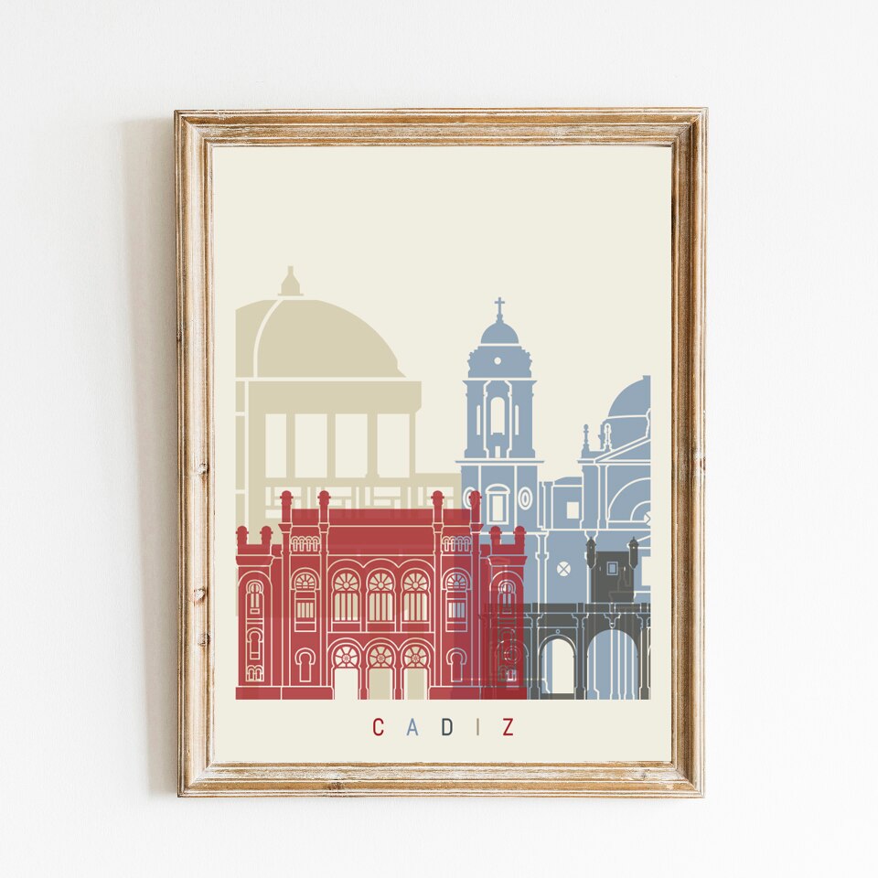 Cádiz Skyline Poster-Cartel Lámina Artistica decoración Hogar Monumentos Ciudad - Cartel de arte de Pared Viajes Paisajes