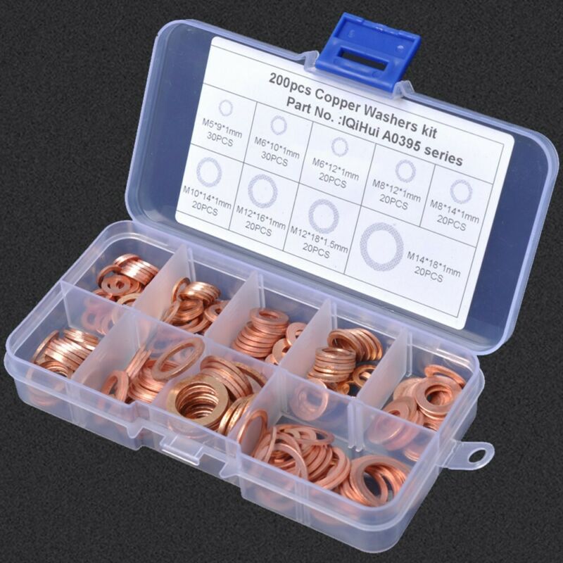 Rondelles d'écrasement en cuivre massif joint d'étanchéité joints toriques plats Kit d'assortiment boîte
