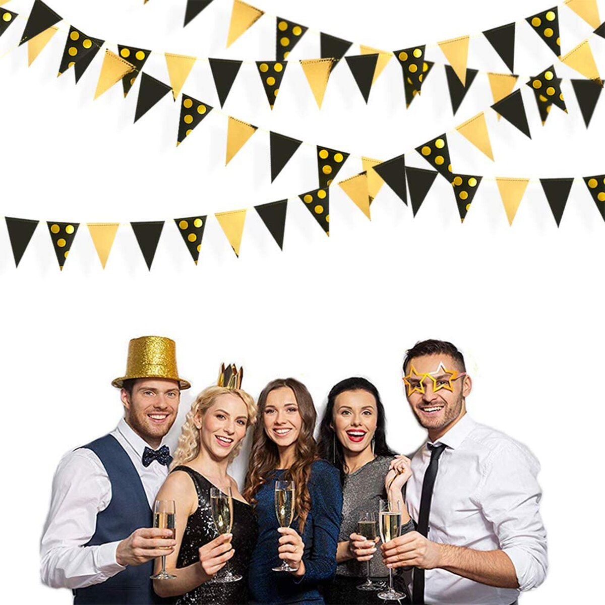 Black Gold Foil Polka Dot Pennant Banner Paper Triangle Flags Bunting Garland for Wedding Baby Shower Birthday Party Decorations