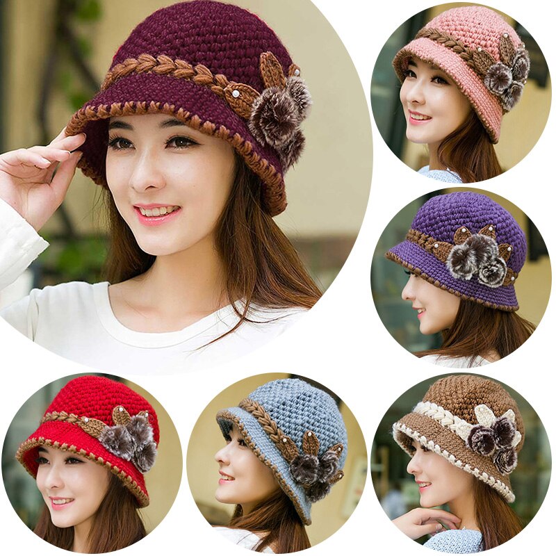 Women Woolen Beanie Hat Winter Knitted Caps With Flower Pattern Ladies Warm Bucket Hats Capot