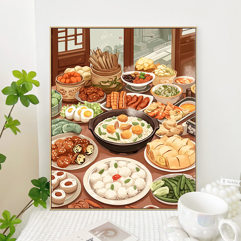 Maling etter tall kinesisk frokost akrylmaling lerret portrett familie barn foto jul