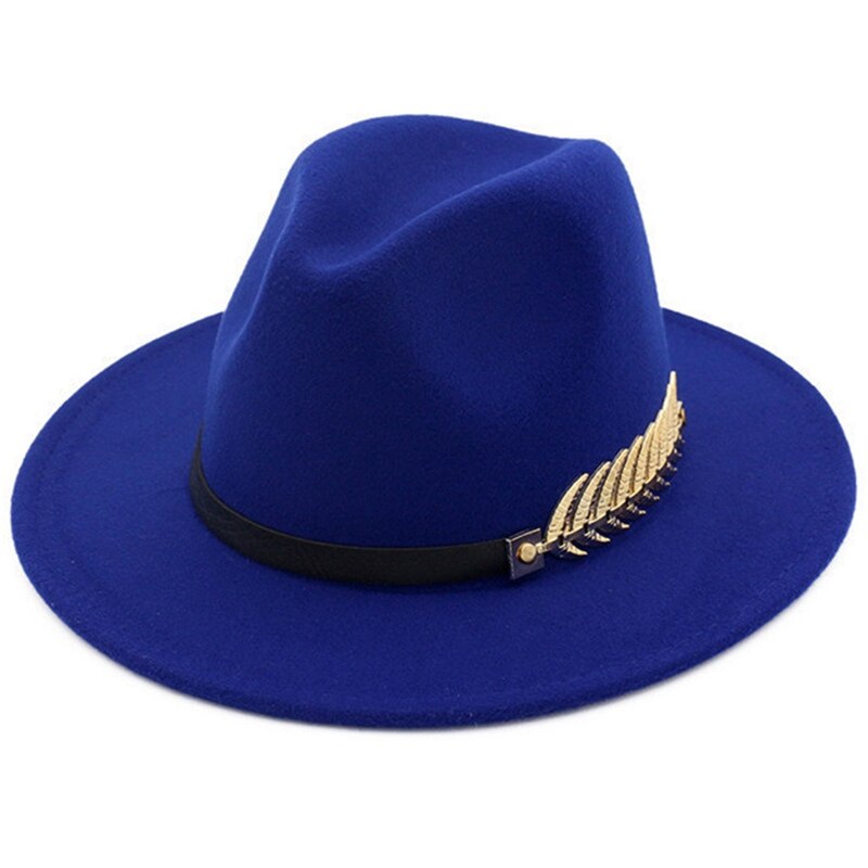 Sombrero de lana de estilo británico para hombre y mujer, gorro de lana de estilo británico, con plumas de hoja dorada, de fieltro de ala grande, Unisex: NB