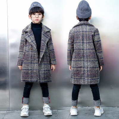 Boy winter quilted trench coat Boy anti-style woolen coat Boy lapel warm jacket Boy's long woolen windbreaker: Gray / 7T