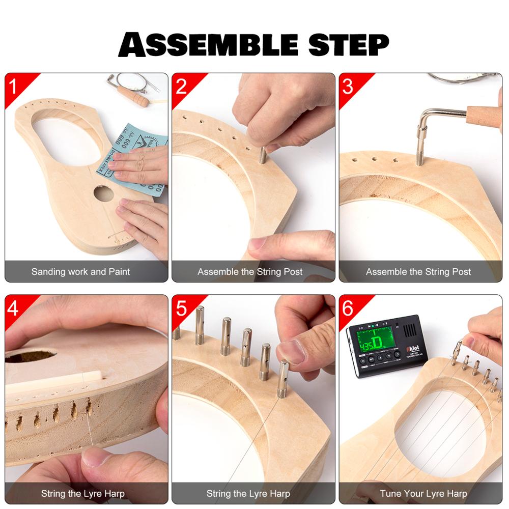 Kmise Lyre Harp 7 String DIY Kit Make Your Own Bass Wood with String Saddle String Post Tuning Wrench