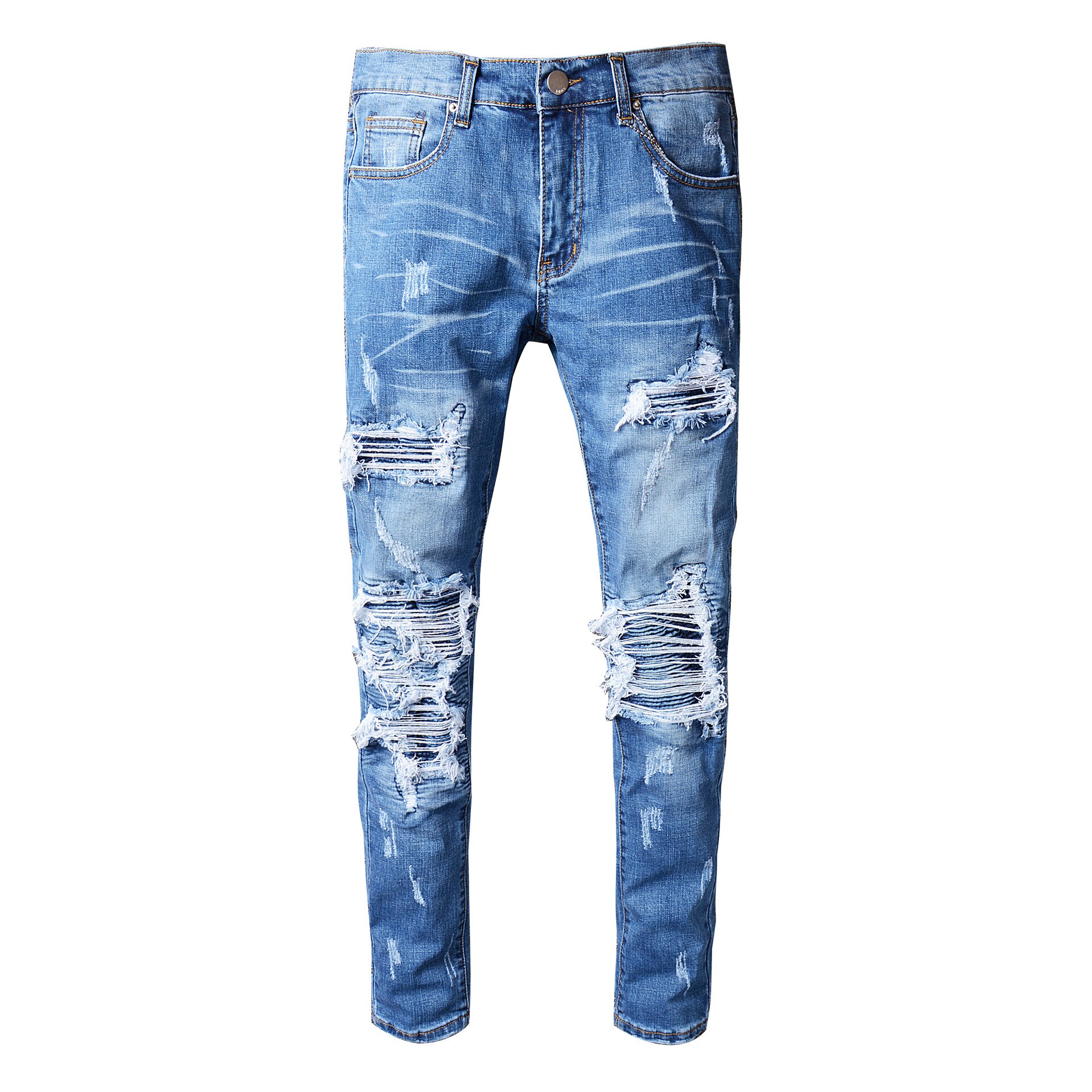 Hi street heren skinny ripped biker jeans blue hole motorjeans urban brand jeans broek voor heren: 31