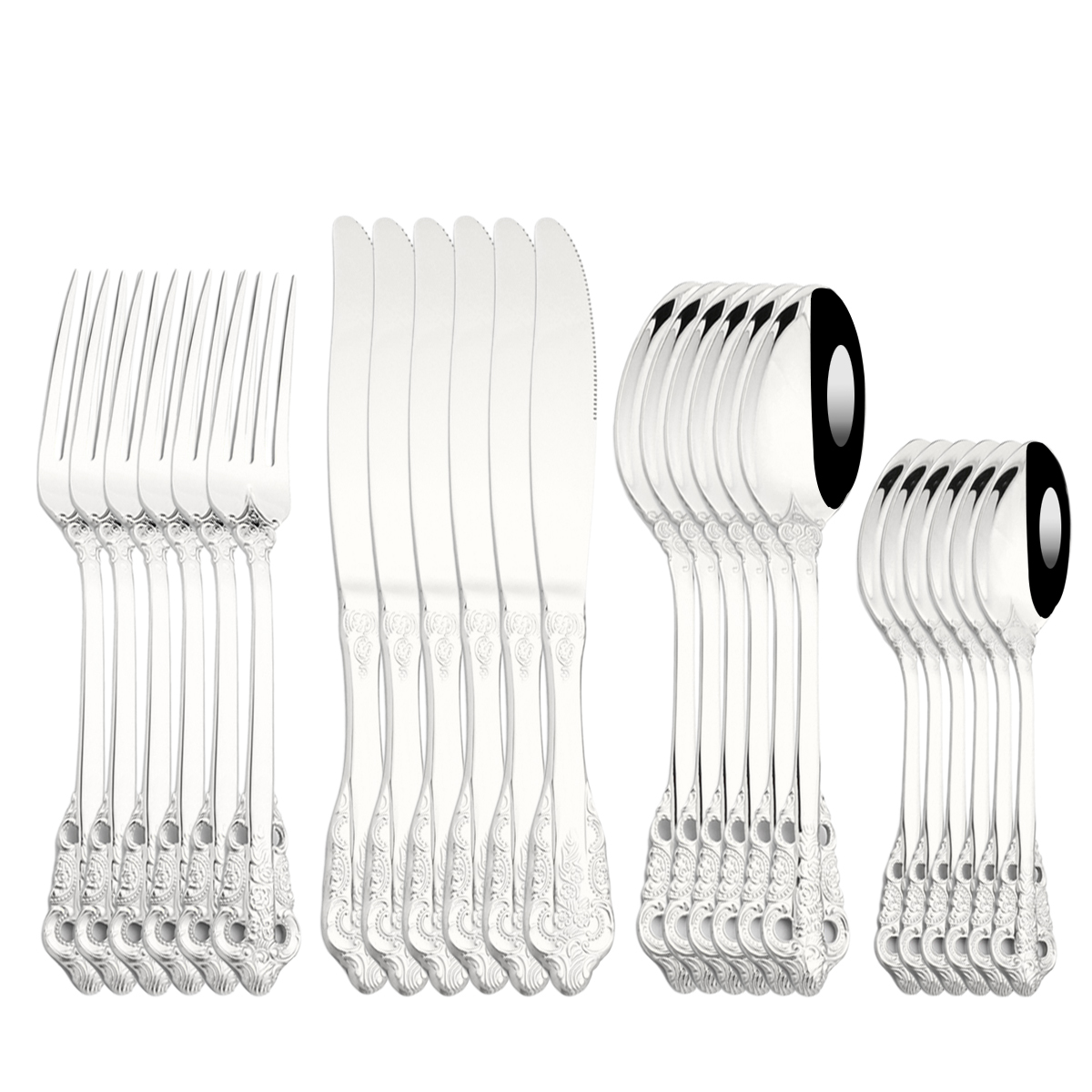 24Pcs Dinnerware Set Knives Fork Tea Spoon Dinner Tableware 304 Stainless Steel Purple Cutlery Set Kitchen Flatware Silverware: Silver 24pcs