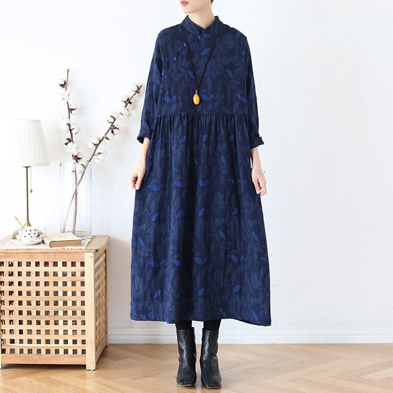 Johnature Jacquard Vintage Jurk Voor Vrouwen Katoen Linnen Chinese Stijl Gewaden Winter Stand Lange Mouwen Print Bloemen Jurk
