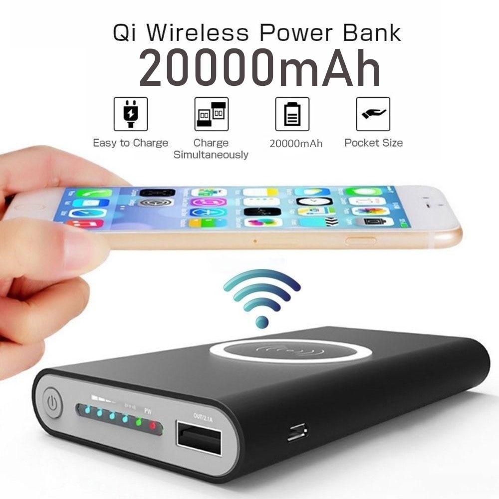 Cargador portátil Ultra delgado, inalámbrico, 20000mAh 2.1A, carga rápida, Banco de energía para Samsung iPhone Huawei Xiaomi PoverBank