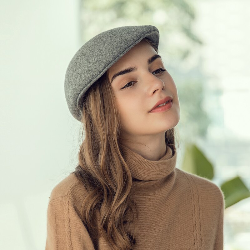 Lady Visores Hat Female Woolen Duck Cap Lady Autumn and Winter Gentleman Felt Hat Students Leisure Knight Cap B-7852: Gray