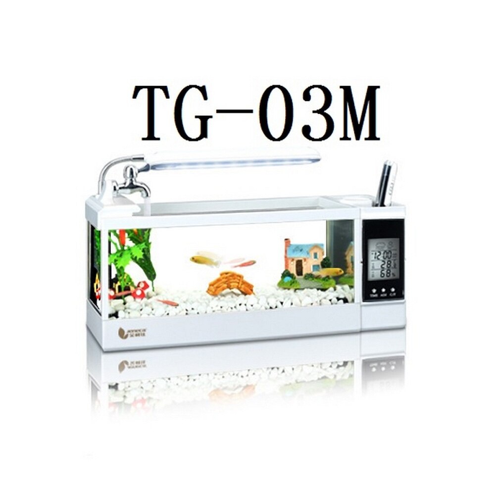 Mini Betta Fish Tanks Aquarium LED Lighting Fish Tank with Pen Holder LCD Display Screen and Clock Mini Aquarium Pecera: TG-03M White