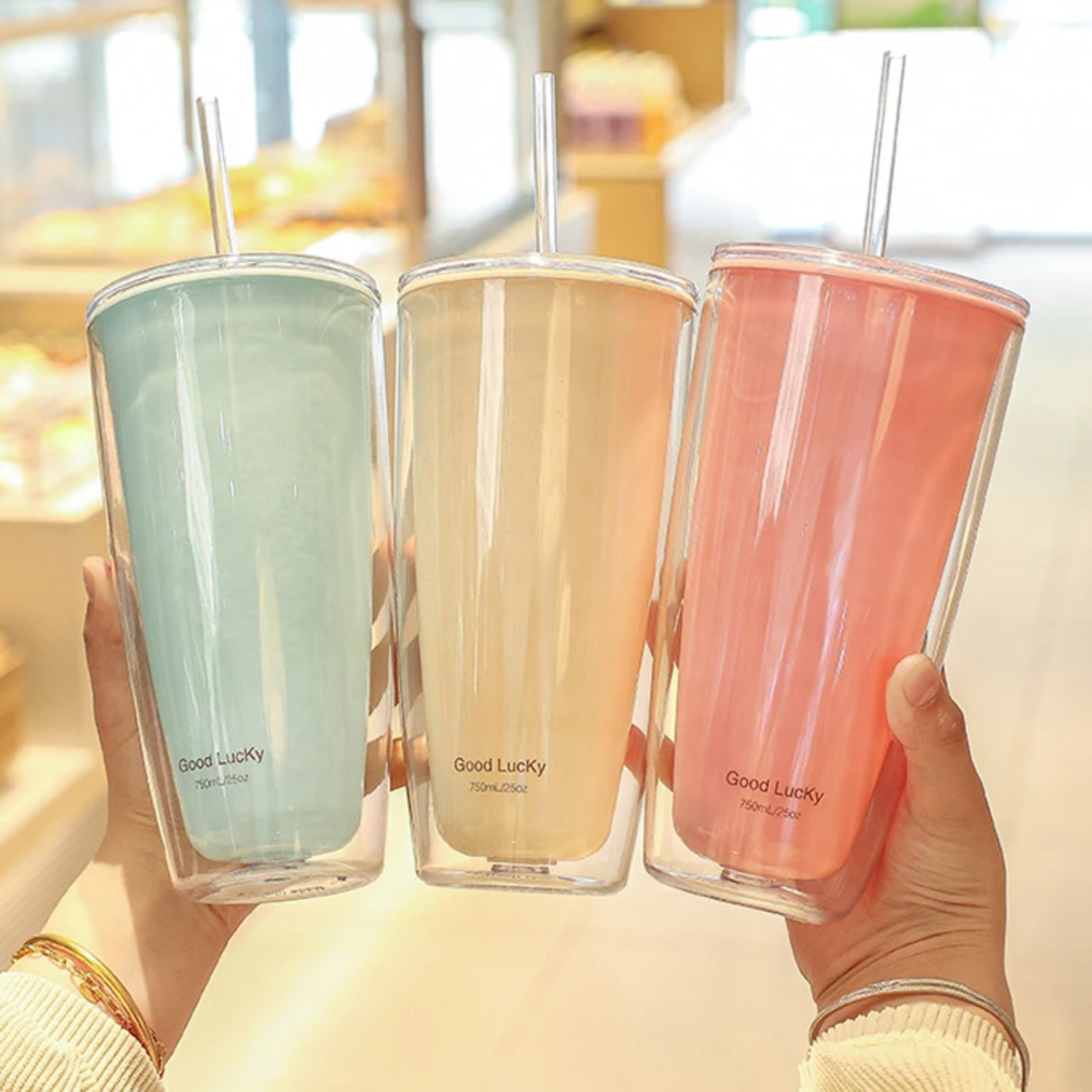 Vasos de plástico sin BPA de 750ml con tapas y pajita, botella de agua de doble capa, taza de café para beber, jugo, leche, taza con pajita