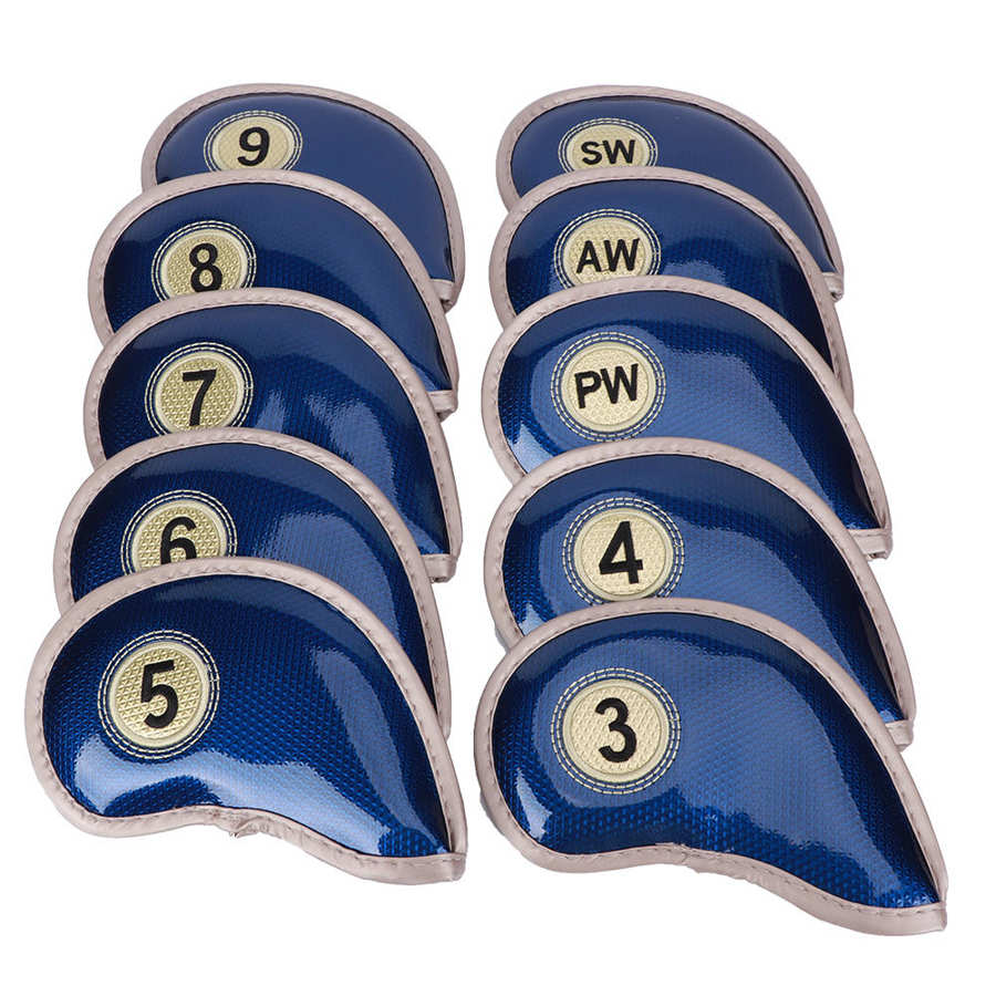 10 Pçs/set Tampa Da Cabeça de Ferro de Golfe de Alta Qualidade PU Caso Protetor Tampa Da Cabeça de Ferro de Golfe Clube Headcover Headcover Golfe Acessórios: Azul