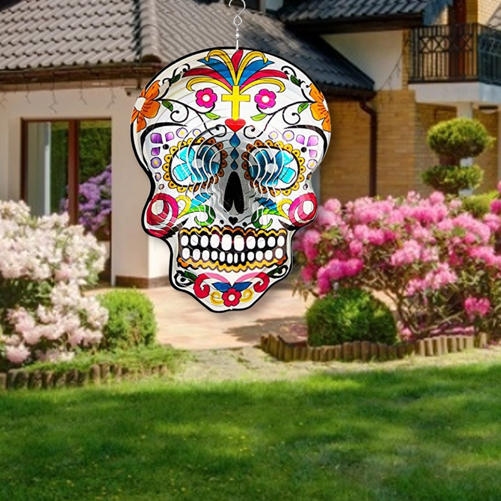 Kinetic 3D Metal Wind Spinners Garden Colorful Skeleton Head Wind Spinner For Gardens Windows Lights Trees Balconies