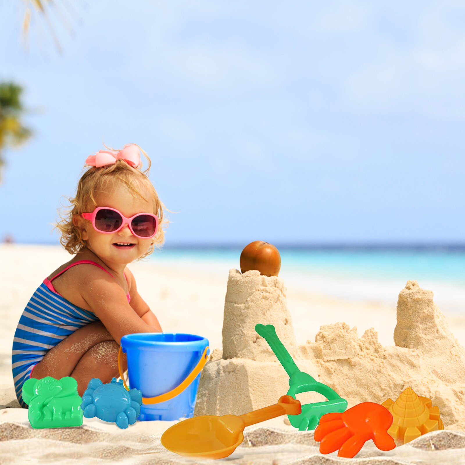 7Pcs Zandbak Speelgoed Strand Zand Speelgoed Set Voor Kinderen, strand Schoppen Spade Tool Kit Met Mesh Bag Kleurrijke Kasteel Emmer Outdoor Fun