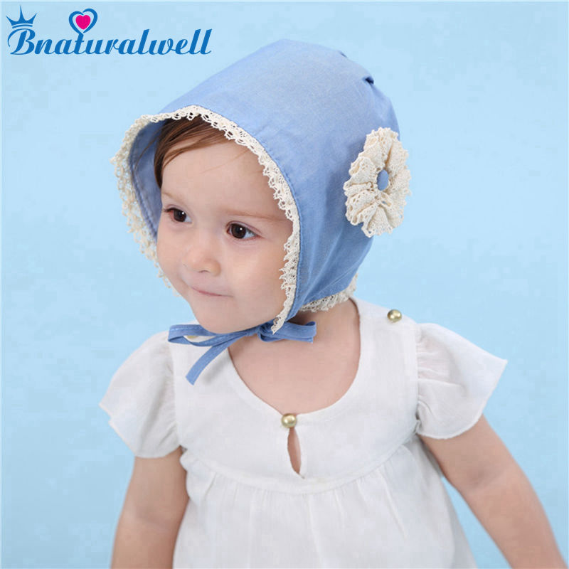 Bnaturalwell Baby Bonnet Chambray Sewing Pattern Toddler Blue Denim Bonnet Baby girl Sun Hat with flower Toddler Spring Hat H056
