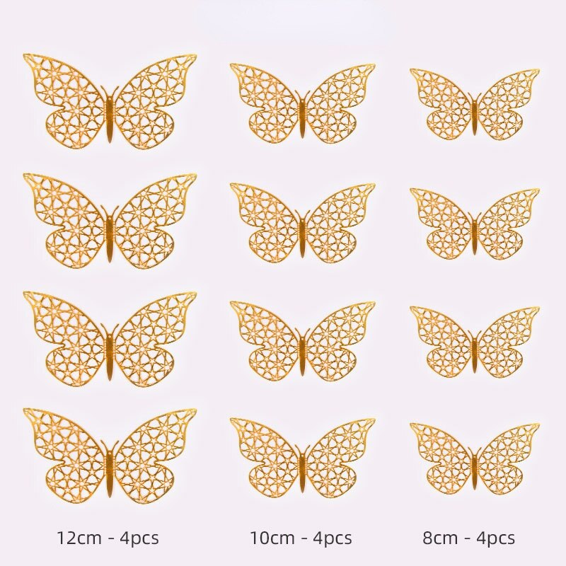 12 Stks/partij 3D Hollow Vlinder Muurstickers Goud Rose Goud Metallic Glans Stickers Diy Slaapkamer Woonkamer Feestelijke Decoratie: C / Gold