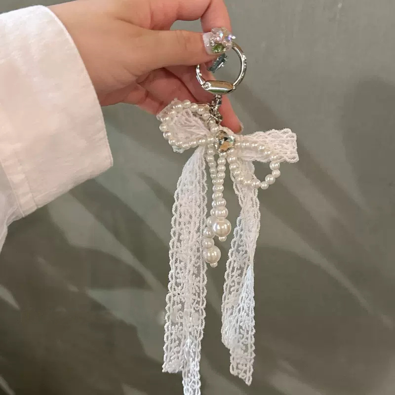 Phone Strap Charm - Lace Pearl Chain - Kawaii Bowknot Pendant - Cellphone Lanyard Keychain Accessories: Red / Pink