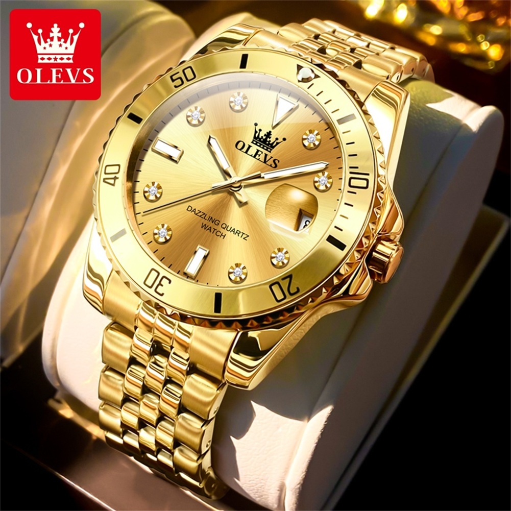 Olevs Originele Luxe Mannen Horloge Kalender Groen Waterdicht Quartz Horloge Voor Mannen Rvs Band Lichtgevende Diamant Schaal: Multicolor