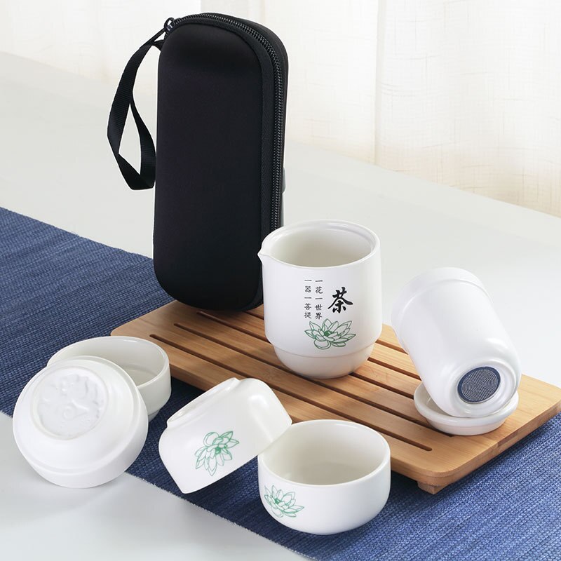 Alta guality porcelana chinesa conjunto de chá portátil copos de chá para viagens com saco portátil viagem conjunto de chá garrafa cerâmica para ao ar livre: Branco