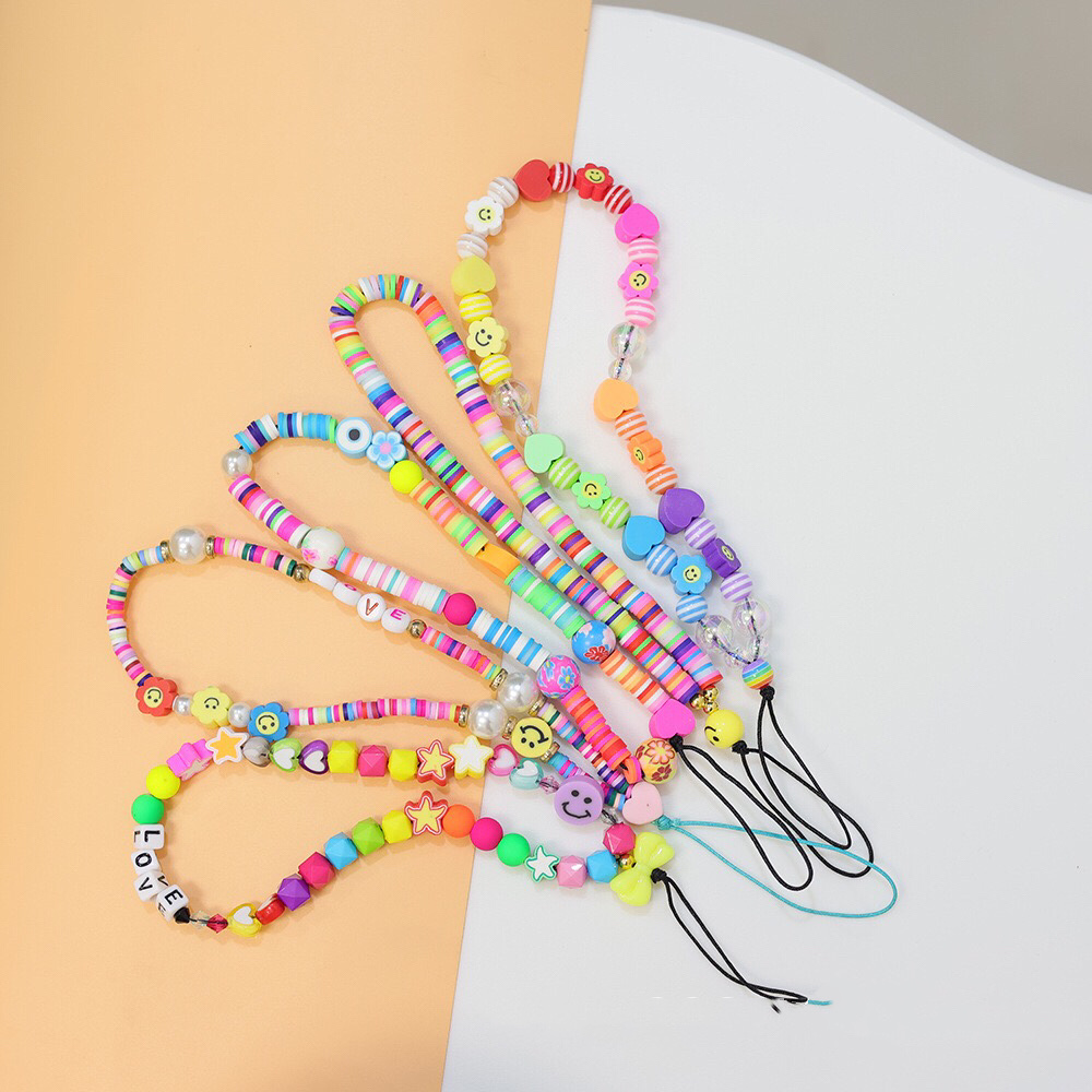 Blauwe Ster Bohemian Kleurrijke Zachte Klei Mobiele Telefoon Keten Voor Vrouwen Acryl Regenboog Keramische Liefde Kristal Kralen Mobiele ph
