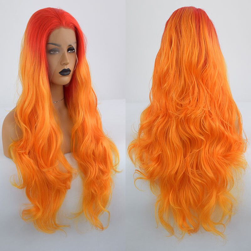 Bombshell Red Ombre amarillo, Peluca de pelo sintético naranja con malla frontal Body Wave fibra resistente al calor pelo División media para peluca de mujer