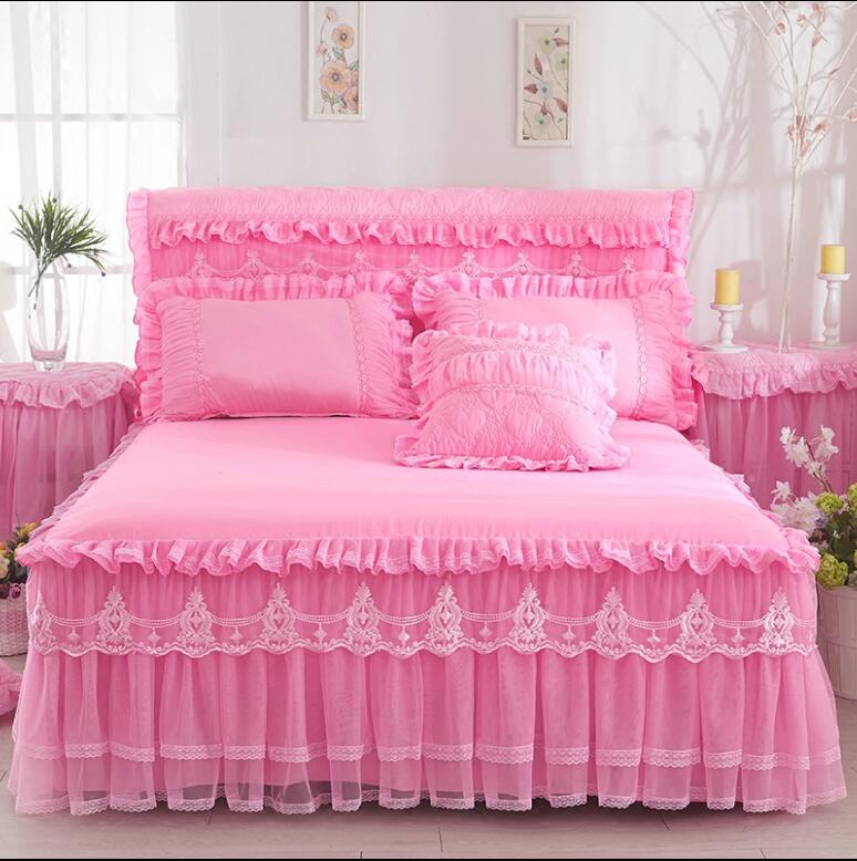 Beige/roze 1 stuk kanten bedrok +2 stuks kussenslopen prinsessenbeddengoed sprei hoeslaken voor meisjes matrashoes kingsize queensize: Roze / 1 stuk rok 180 x 200