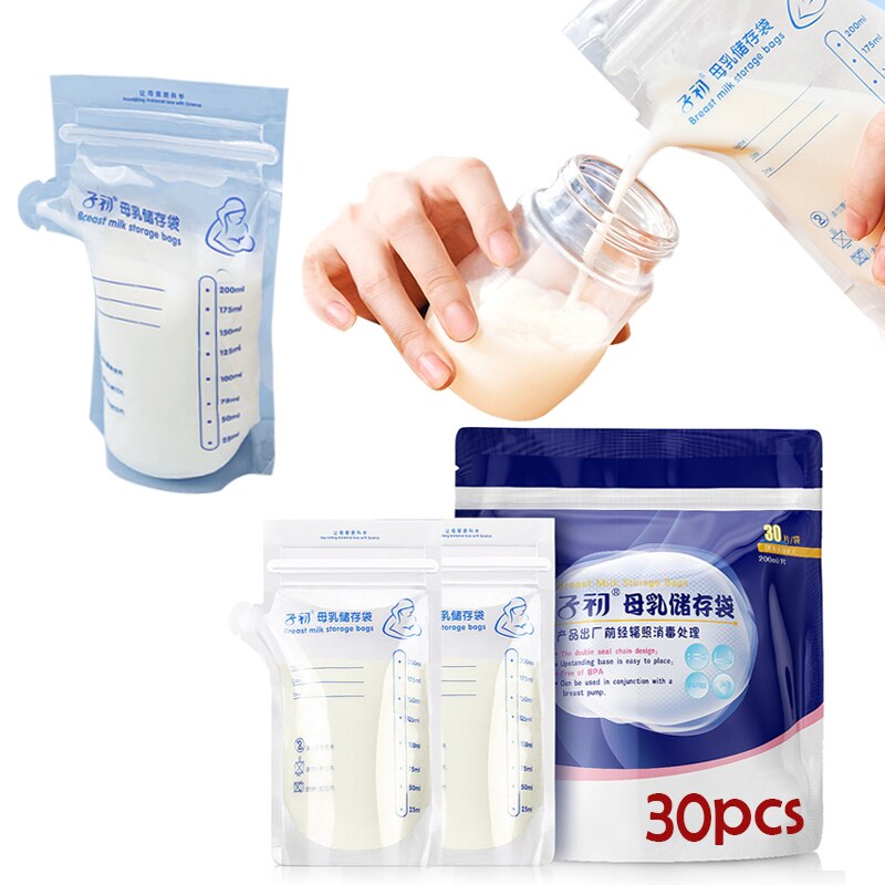 Bolsas de almacenamiento de leche materna con boquilla para el congelador, etiquetas desechables, seguro, almacenamiento de alimentos para bebés, 30 Uds.