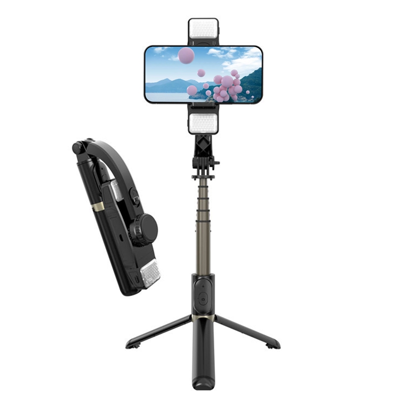 Kabelloser bluetooth-selfie-stick mit doppelter aufhellbeleuchtung, stabilisator, anti-shake-funktion und multifunktionaler handyhalterung für ios und android