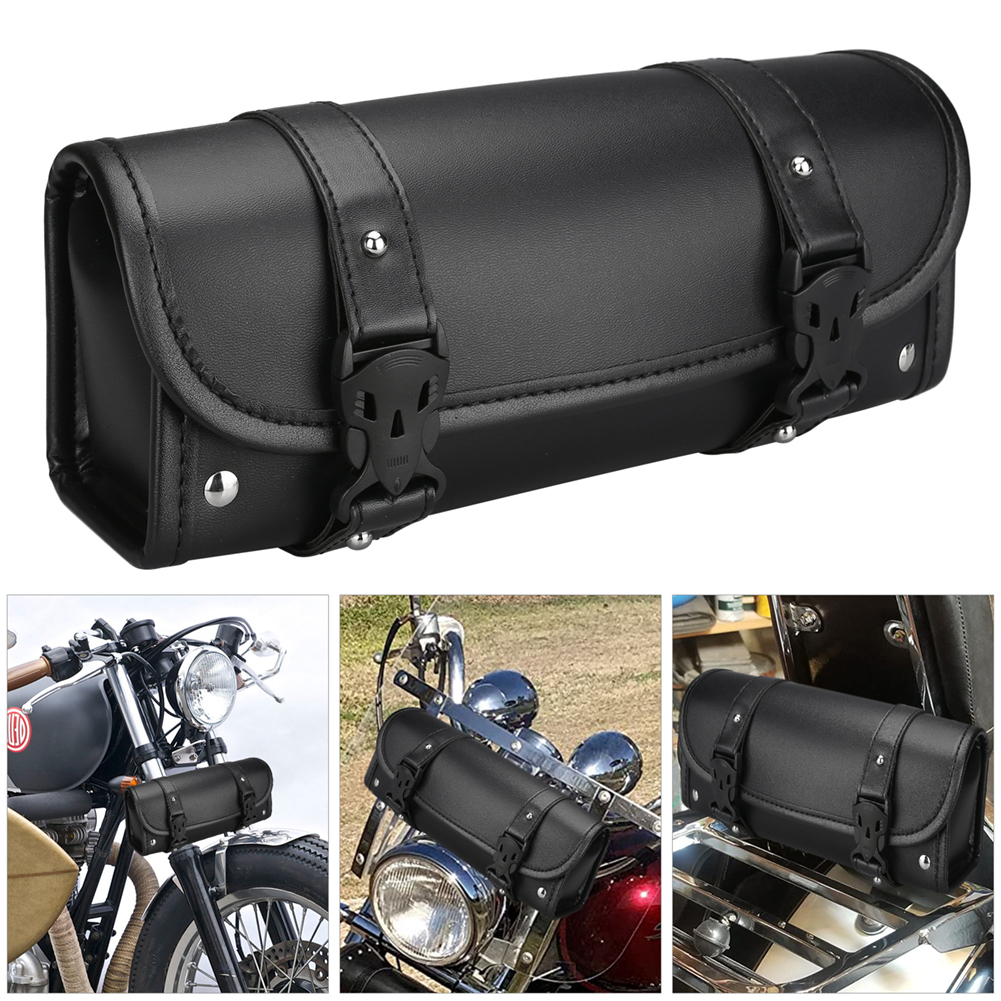 Universal Motorcycle Tank Bag Motorbike Tool Roll Saddle Bag PU Leather Motor Tail Bag with 2 Mounting Straps