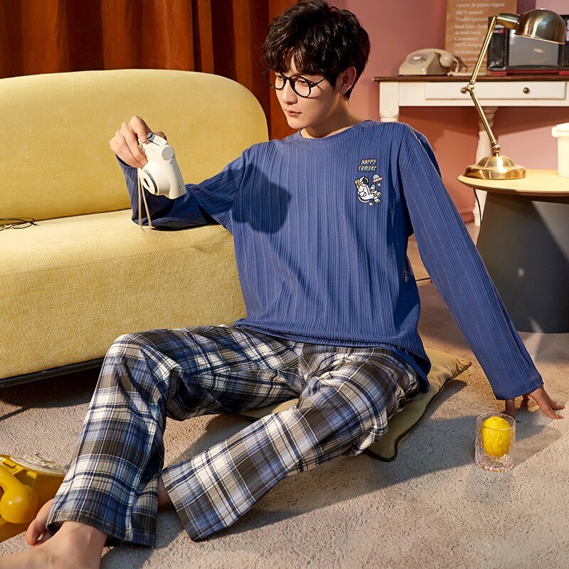 SONG Spring Pajamas Sets 2 Pieces Combed Cotton Long Sleeve Trousers Casual Teenagers Home Men's Pyjamas