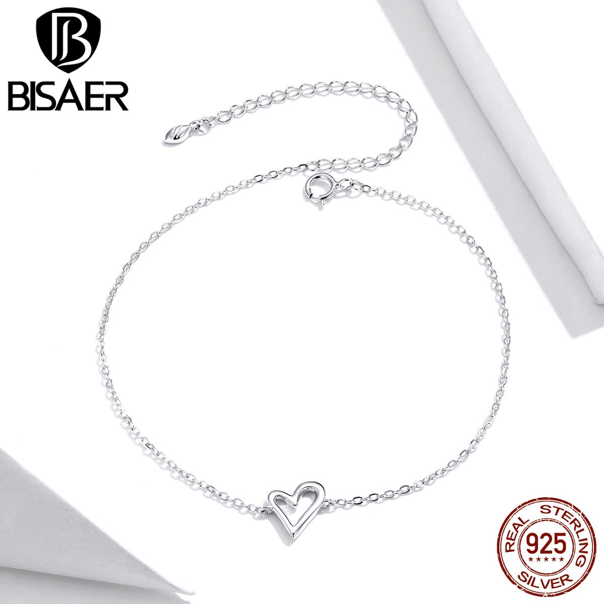 BISAER Anklets 925 Sterling Silver Heart Simple Chain Anklets For Women Feet Leg Chain Link Original Silver 925 Jewelry HST017