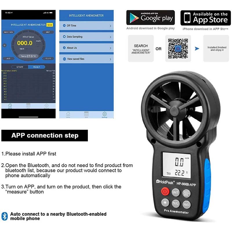 Holdpeak HP-866B-APP Anemometer & Met App Draadloze Bluetooth Auto Aansluiten Om Mobiele Telefoon Voor Meten En Opname Windsnelheid