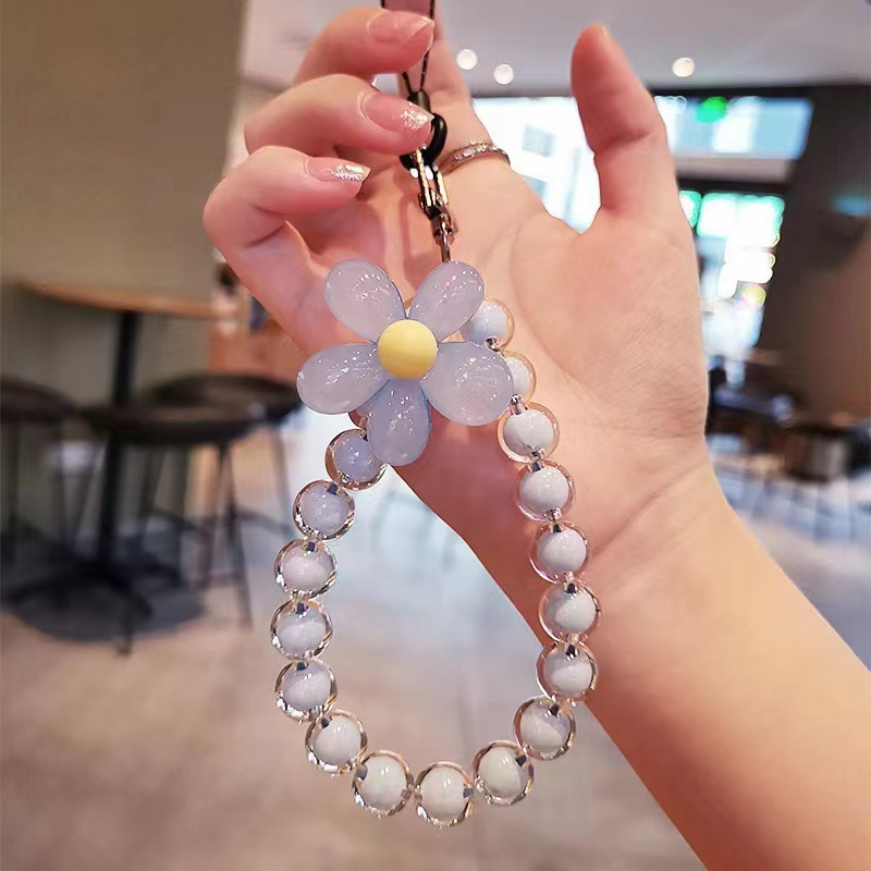 Korean Colorful Flower Beaded Mobile Phone Charm Strap Chain Lanyard Women Girl Jewelry Phone Holder Beads Pendant: Blue / Green