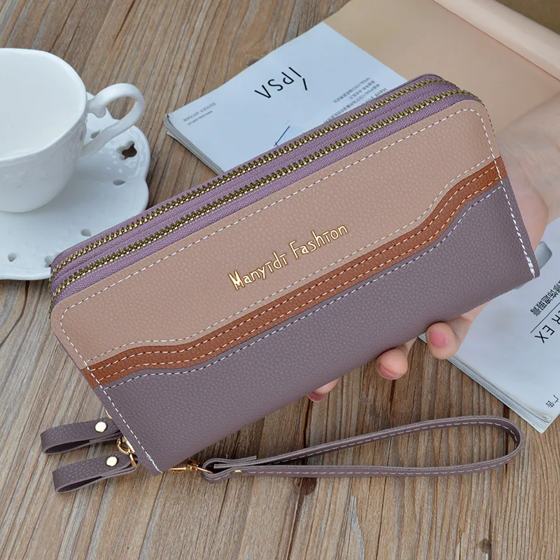 Wallet Ladies Long Double Zipper Large Capacity Clutch Splicing Contrast Color Mobile Phone Bag Wallets for Women: Beige