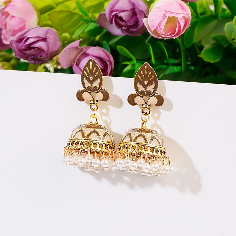 Tophanqi Bollywood Oxidized Big Bell Dangle Earrings For Women Green Leaf Carved White Beads Tassel Indian Jewelry Earring