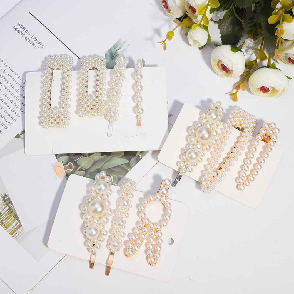 3/4pcs Trendy Pearl Hair Clips For Women Handmade Geometric Hair Barrette Triangle Square Hairpins Snap Hair Styling Accessories